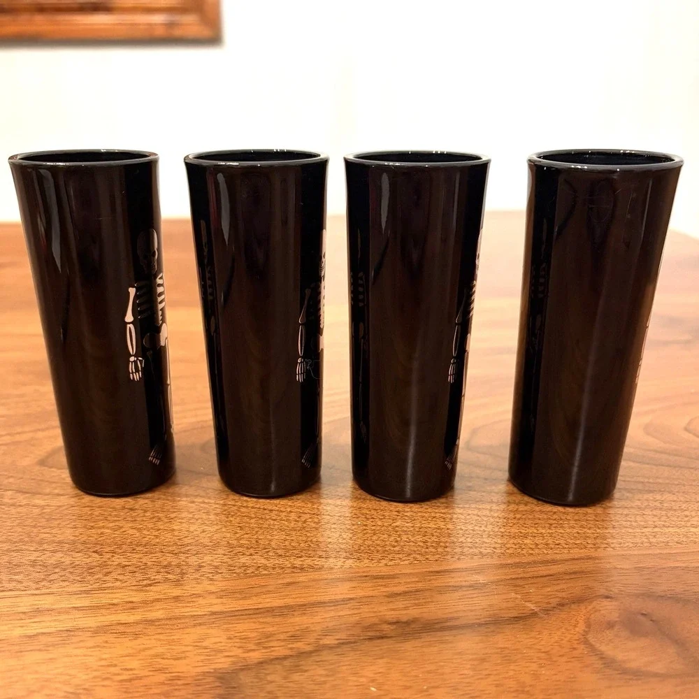 Set of 4 Gothic Skeleton Liquor Shot Glasses Shooters Halloween Summerween